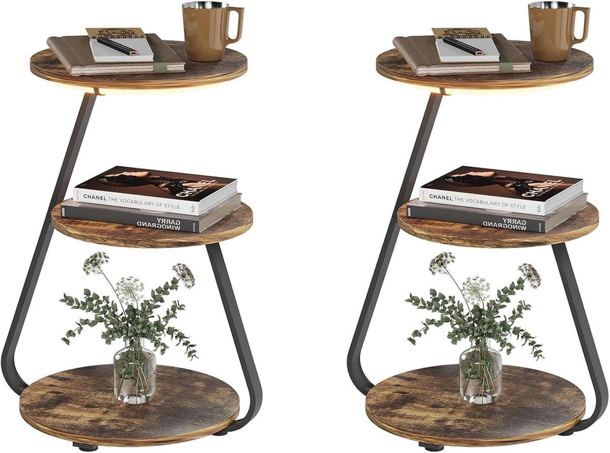 Set of 2 LED Side Tables with Storage – 3 Tier Round Bedside Nightstands