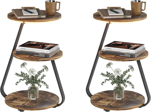 Set of 2 LED Side Tables with Storage – 3 Tier Round Bedside Nightstands
