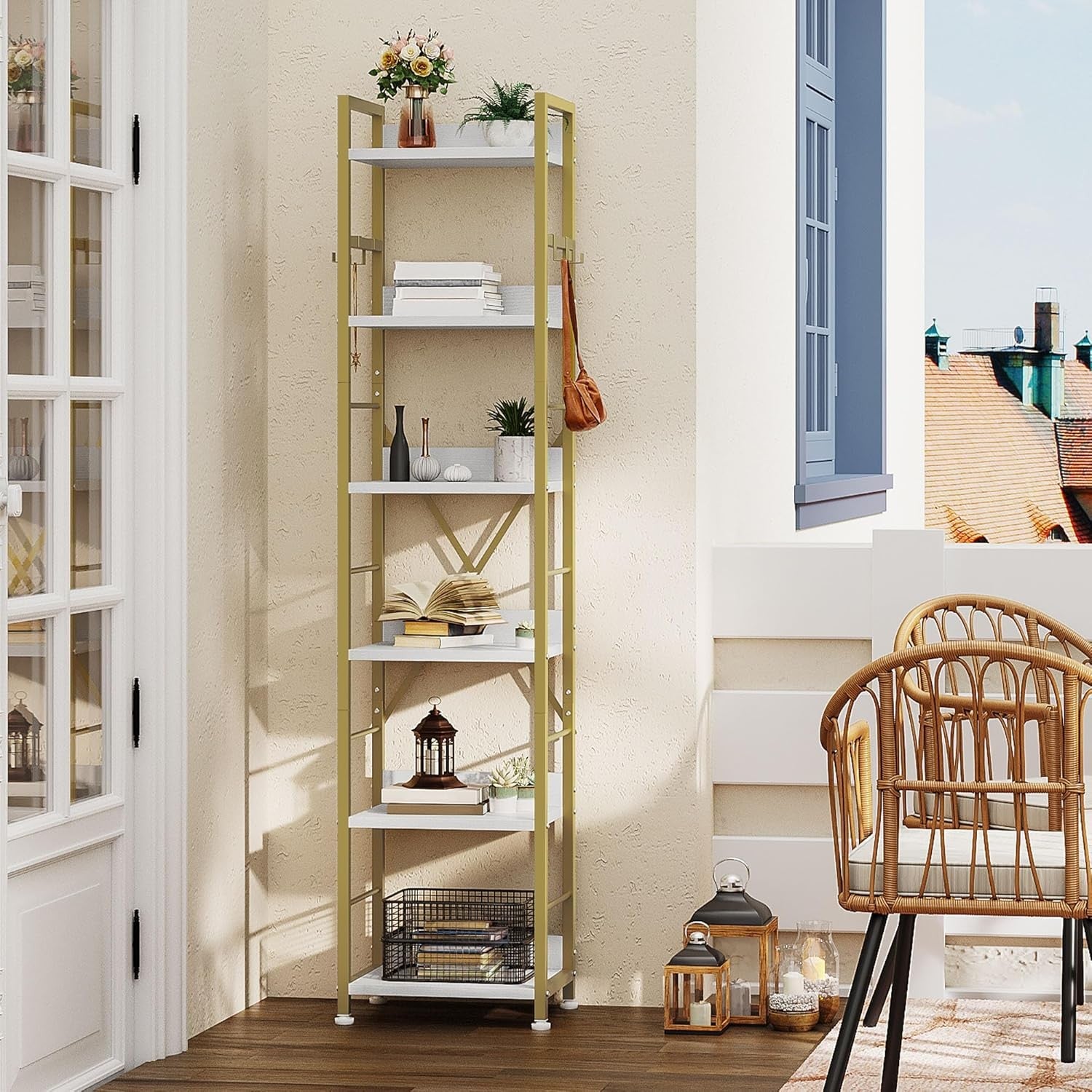 Gold 6-Tier Tall Bookcase | Metal Frame Storage Shelf with Hooks for Home & Offi