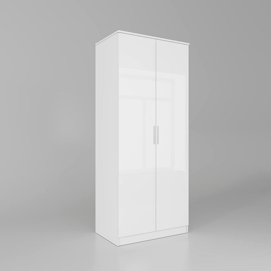 High Gloss 2 Door Wardrobe with Hanging Rail & Storage Shelves - Bedroom