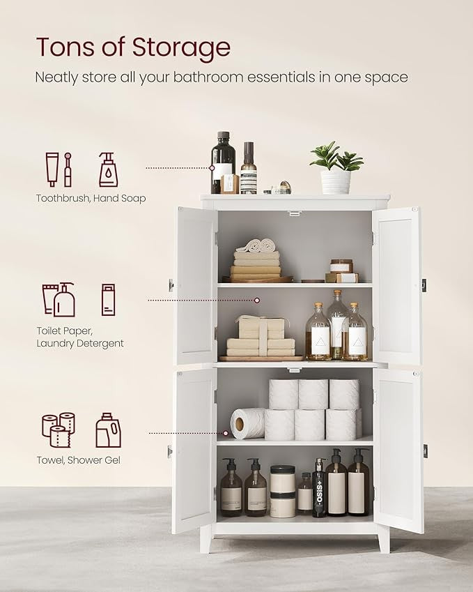 Tall White Bathroom Storage Cabinet with 4 Doors & Adjustable Shelves – Modern