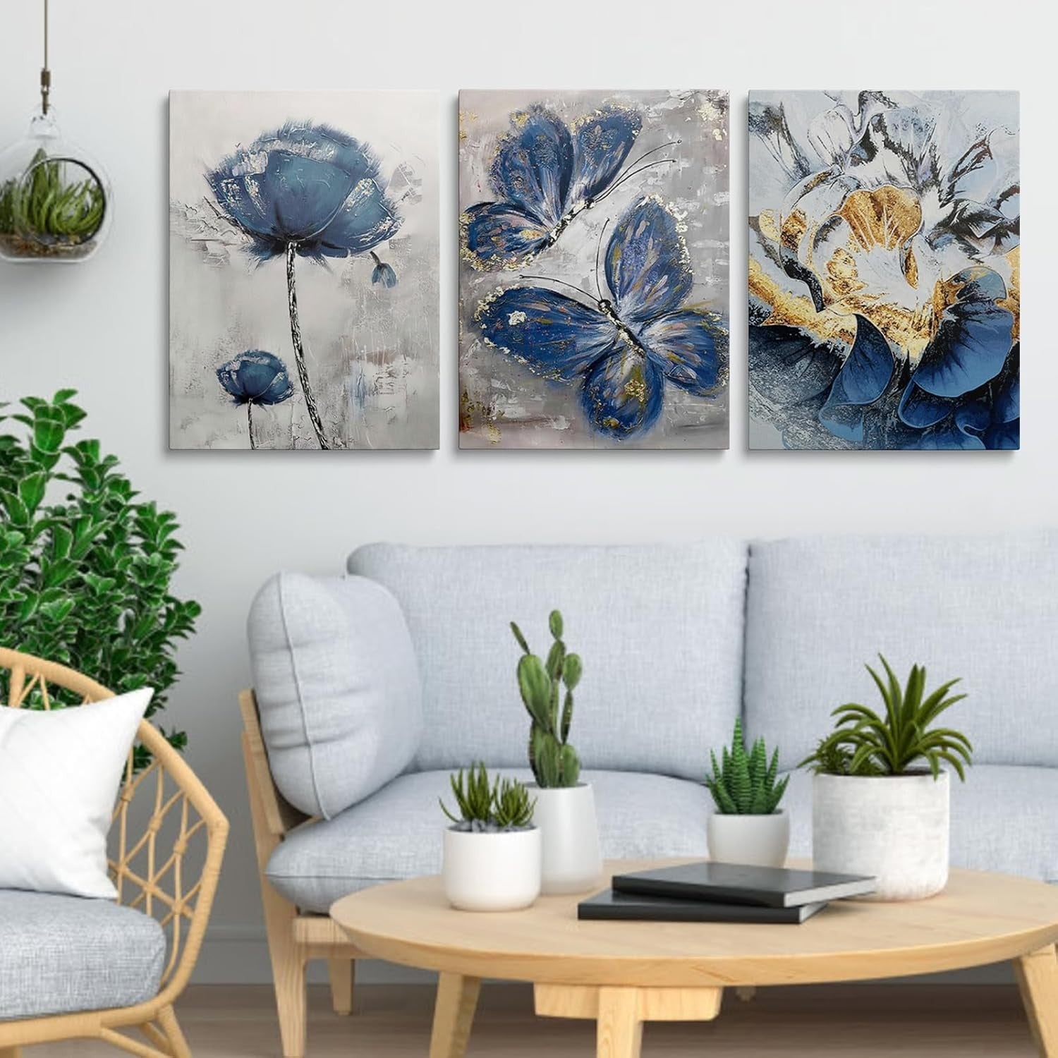 Blue Butterfly Wall Art Set of 3 Framed Canvas 12x16in