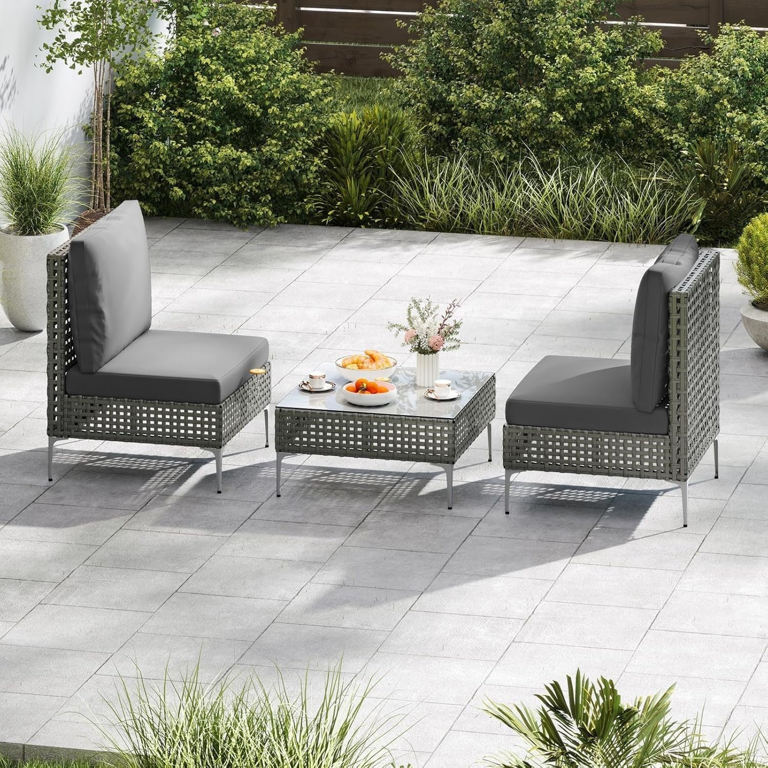 Outdoor Rattan Lounge Bistro Set 2 Cushioned Chairs Compact Coffee Table Patio