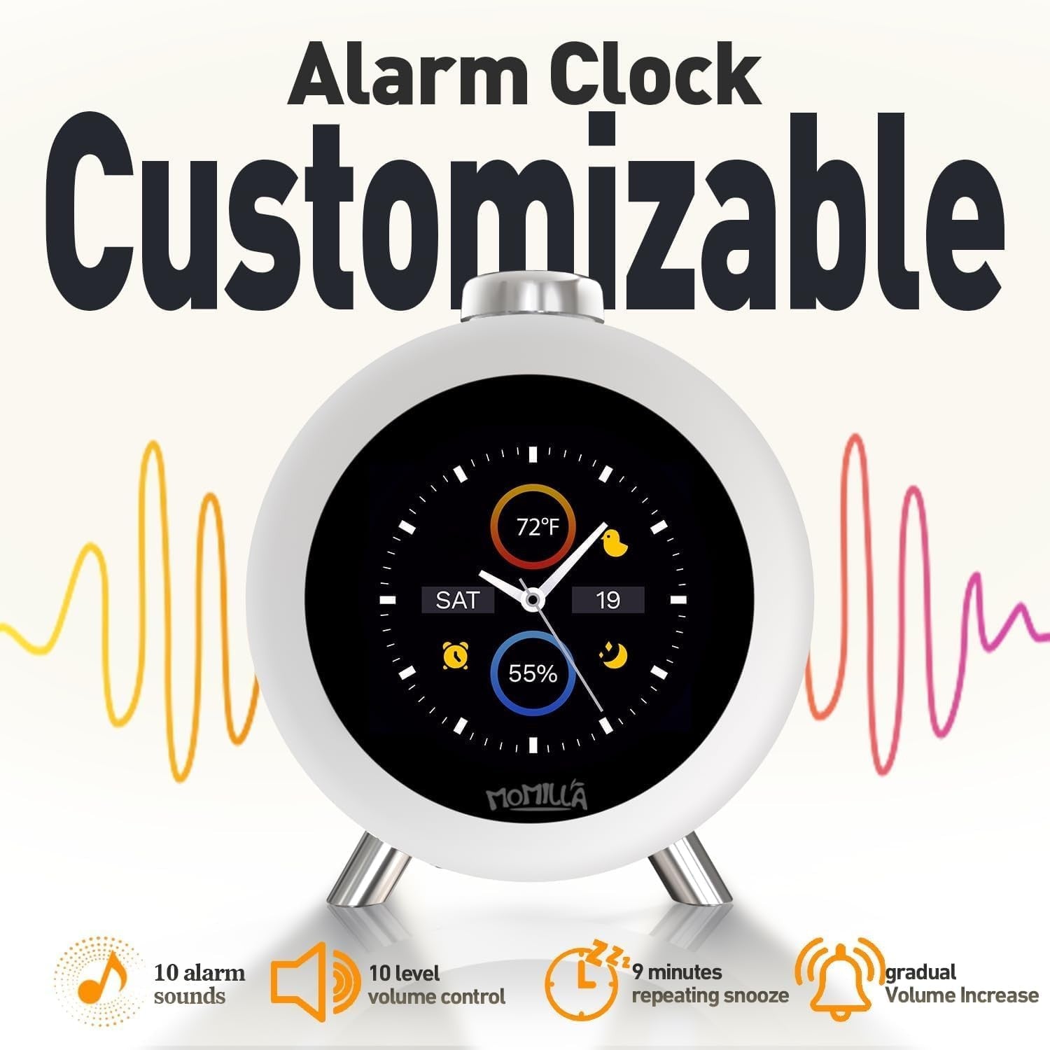 Smart Animated Digital Alarm Clock Sleep Sounds Temp Humidity Sensor Bedside