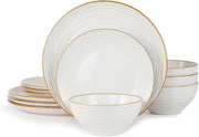 12pc Stoneware Dinner Set White Gold Rim Plates Bowls Dishwasher Safe