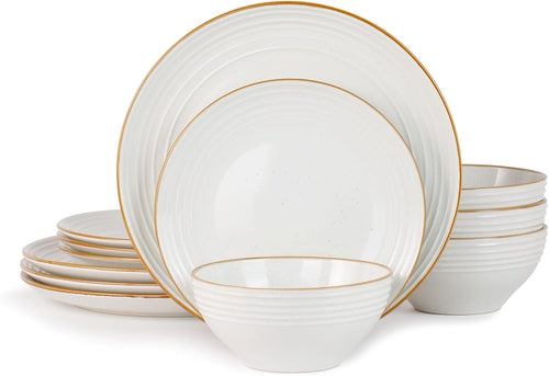 12pc Stoneware Dinner Set White Gold Rim Plates Bowls Dishwasher Safe
