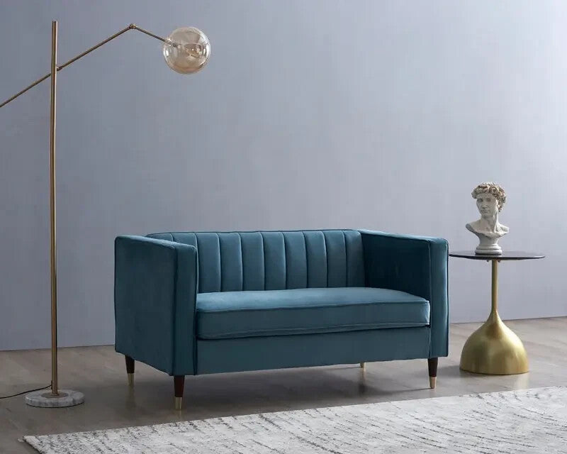 2 Seater Velvet Sofa Blue Ribbed Back Small Lounge Couch UK Certified