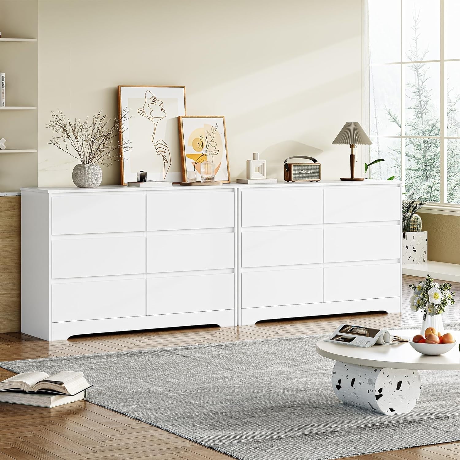 White 6 Drawer Chest Modern Wide Dresser Storage Unit Bedroom Cabinet