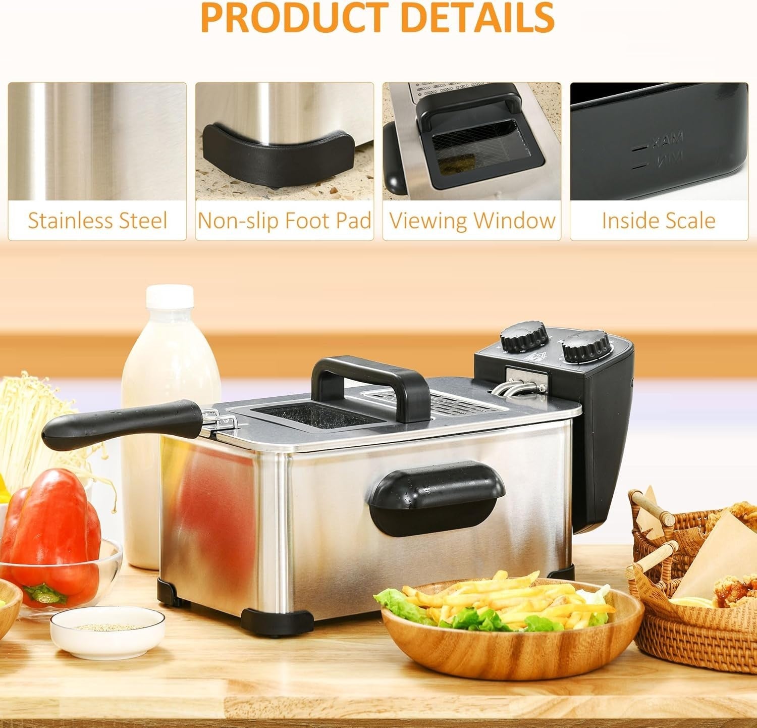 3L Electric Deep Fat Fryer 2000W Timer Adjustable Temp Viewing Window
