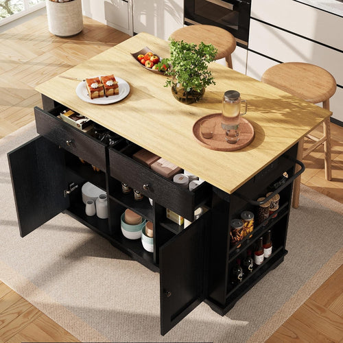 Kitchen Island Trolley with Foldable Tabletop, Power Strip & Storage