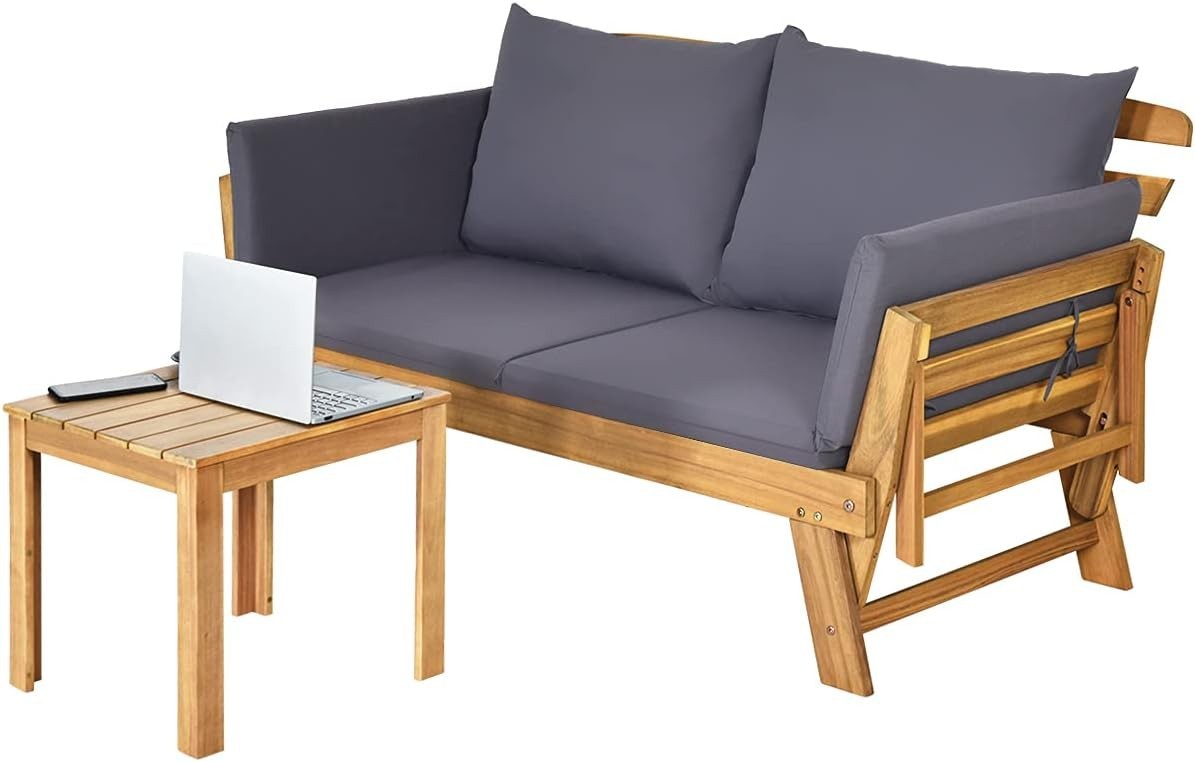 3-in-1 Outdoor Wooden Sofa Bed Lounger | 142×71×76cm | Reclining Daybed