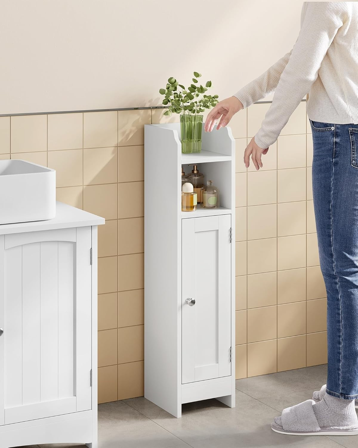 Slim White Bathroom Storage Cabinet with Door, Adjustable Shelf & Narrow Design