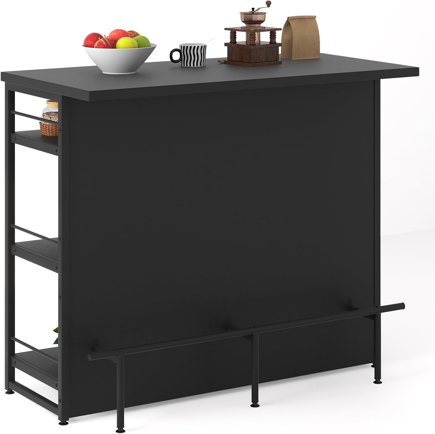 Industrial Kitchen Island Bar Table with Wine Rack, Shelves & Glass Holder