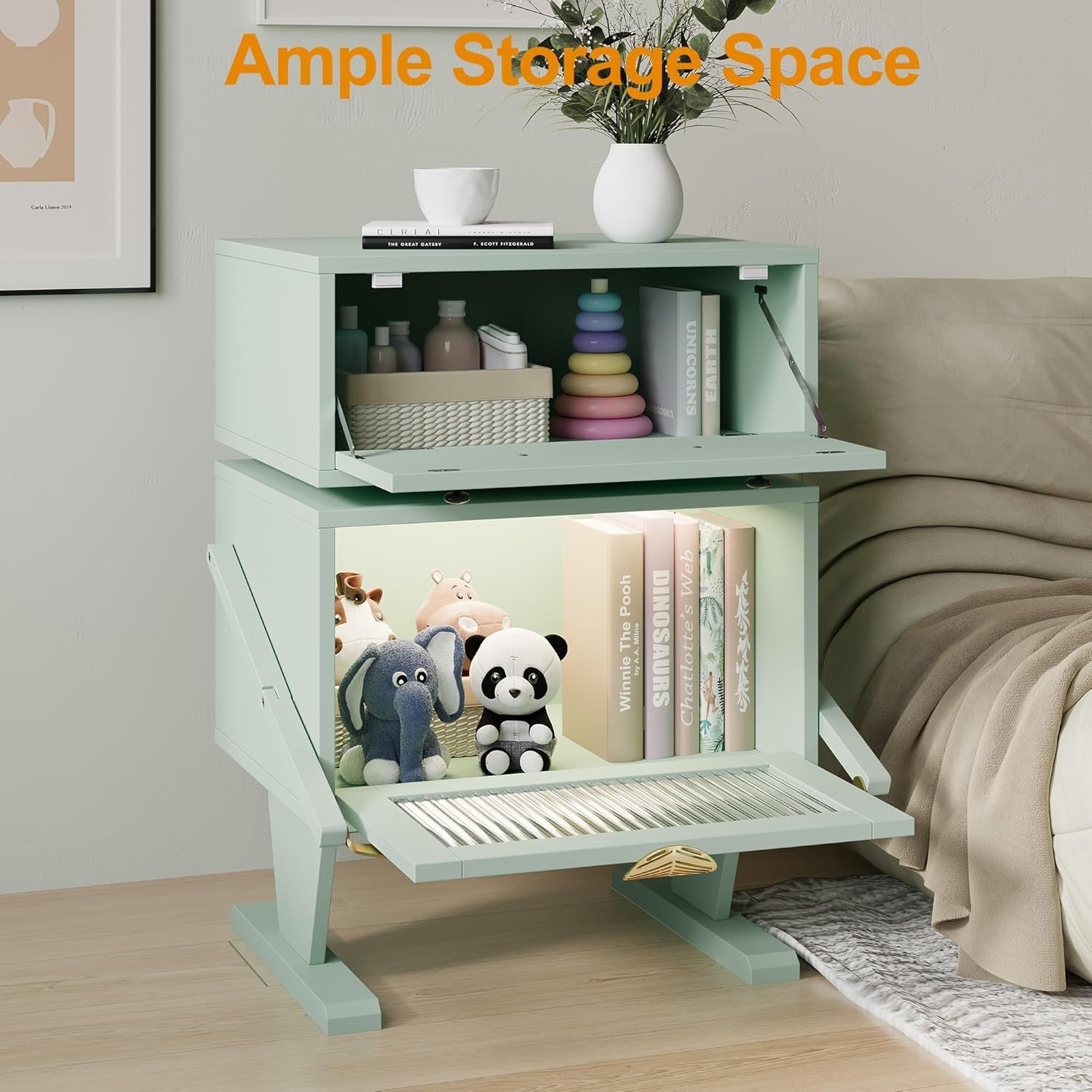 Modern LED Nightstand with Storage, Rotating Drawer & Glass Door, Green