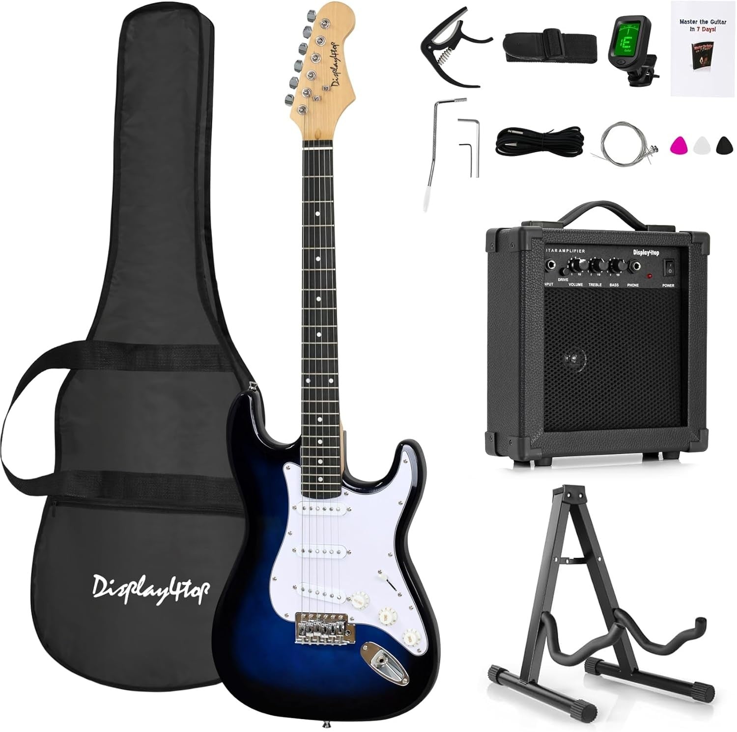 Full Size Electric Guitar Starter Kit with Amp Stand Blue White