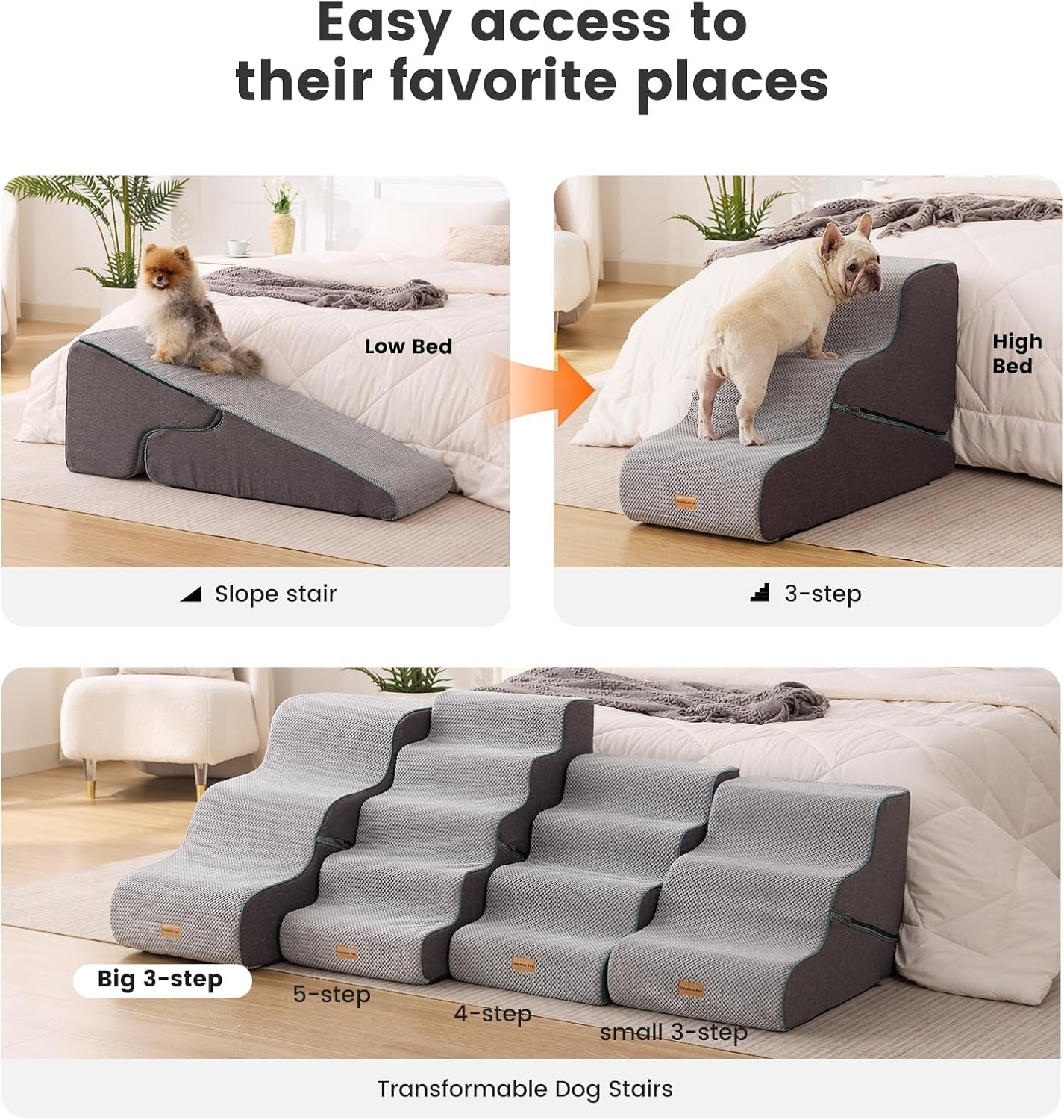 Large Adjustable 3 Step Dog Stairs Pet Ramp Non Slip Grey
