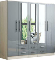 Grey High Gloss 5 Door Wardrobe with Drawers & Full Length Mirrors