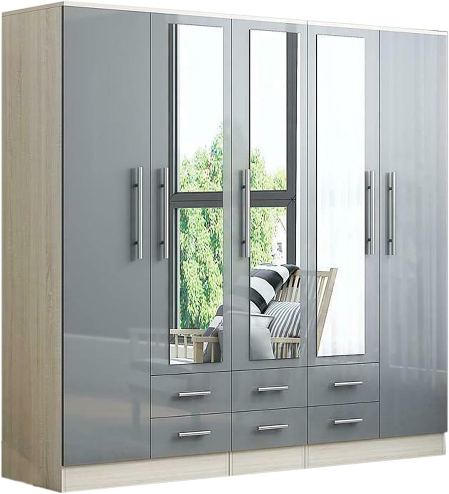 Grey High Gloss 5 Door Wardrobe with Drawers & Full Length Mirrors