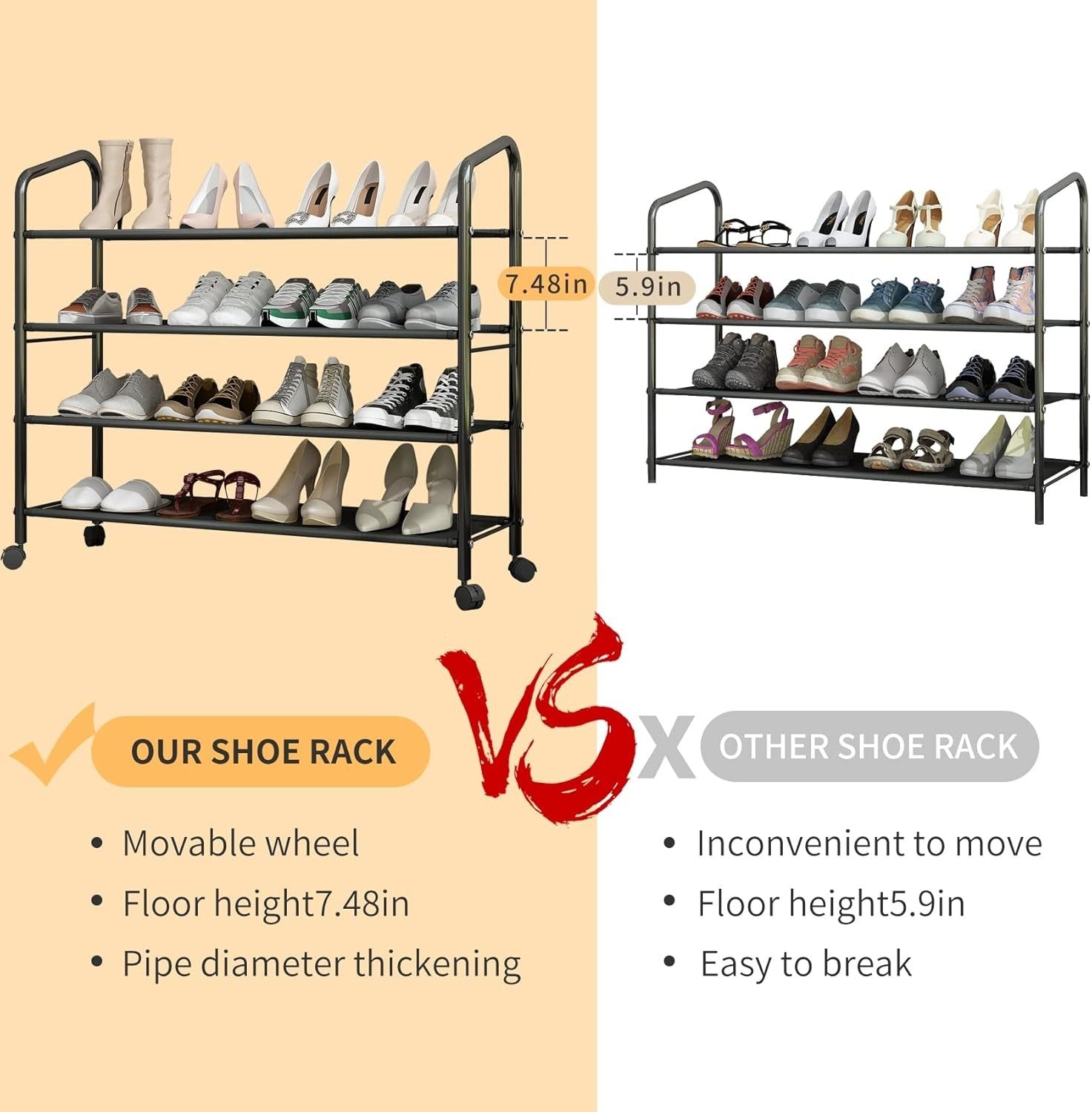4-Tier Rolling Shoe Rack with Waterproof Fabric Shelves & Locking Wheels
