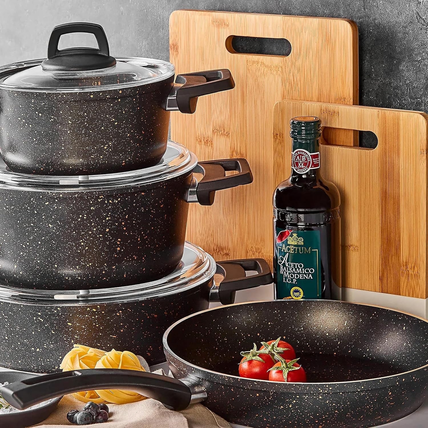7pcs BlackGold Granite Non Stick Induction Cookware Set With Lid PFOA Free