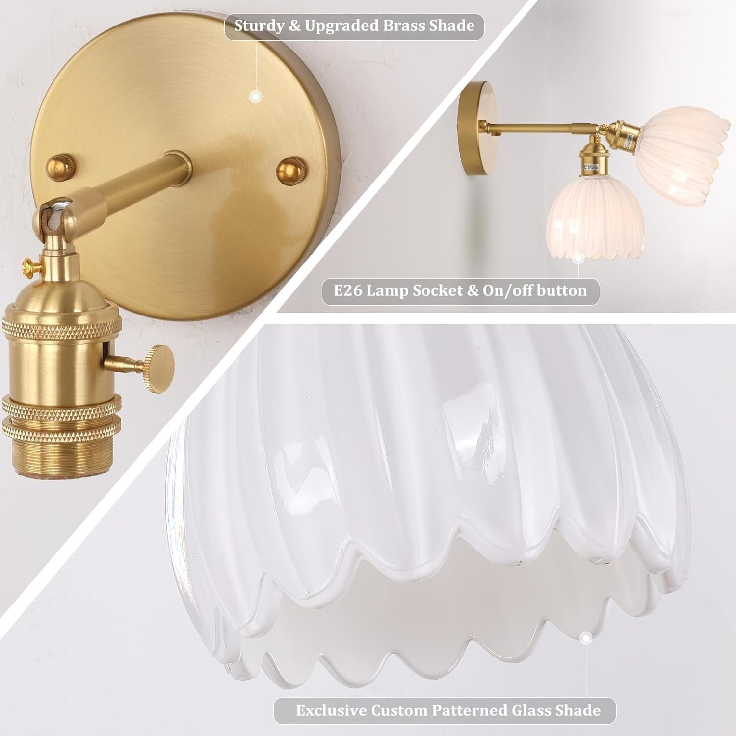 Vintage Gold Wall Sconce Tulip Glass Shade 180° Adjustable Light with Switch