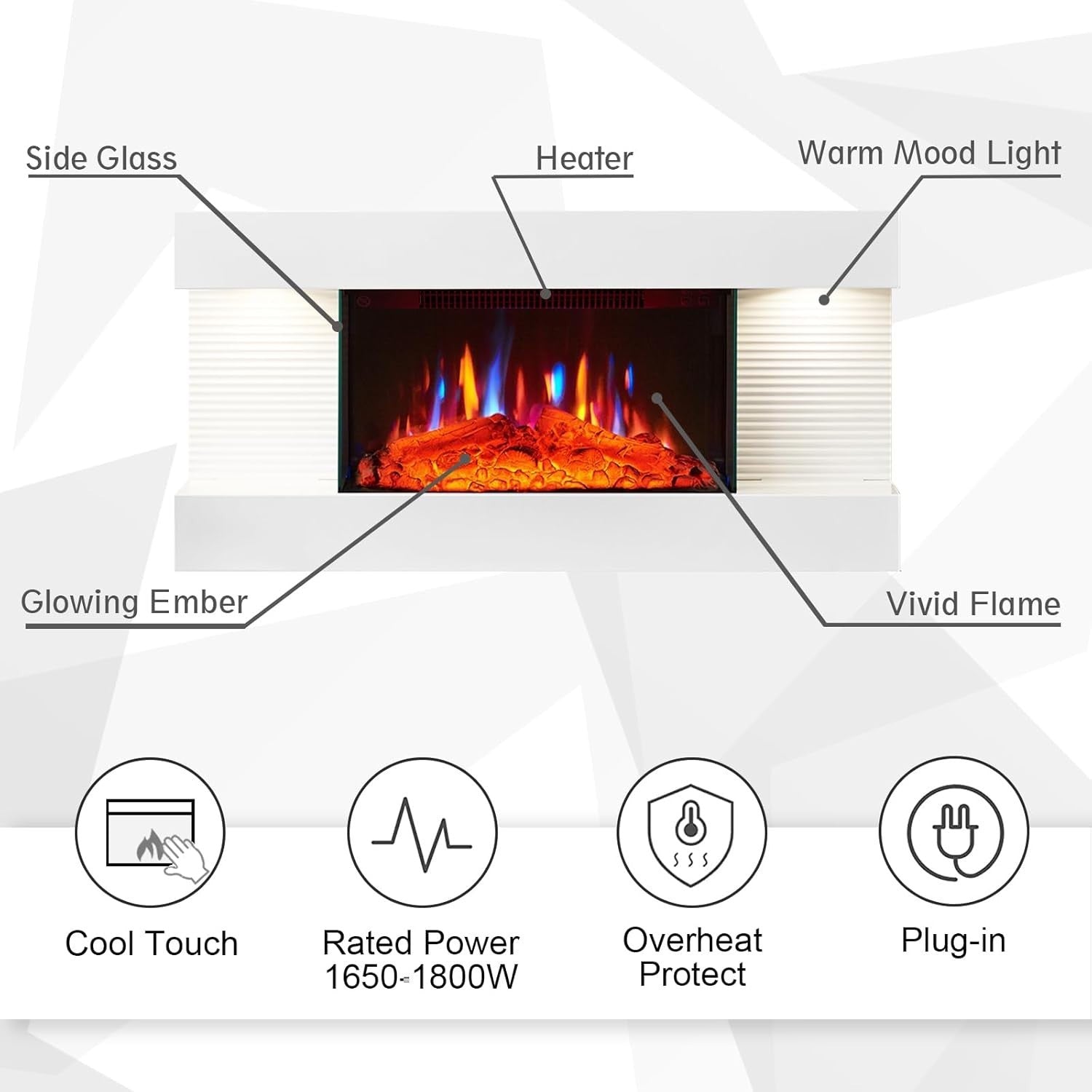 Wall Mounted Electric Fireplace Suite 82cm – LED Flame & Heater 1.8kW