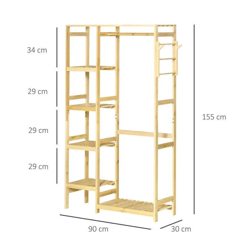 Bamboo Garment Rack with Hanging Rail & Shelves | Clothes Stand & Hooks