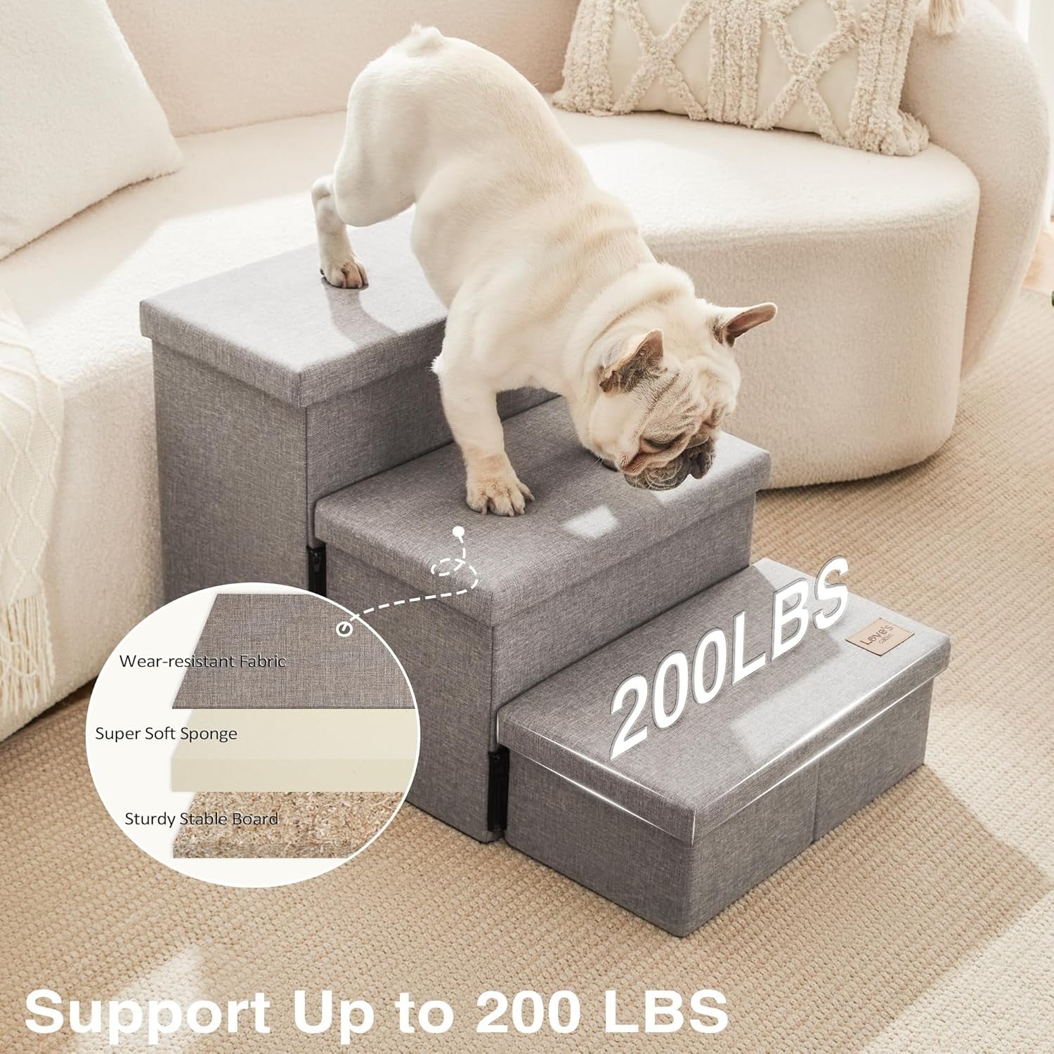Dog Stairs 3 Step with Storage 18" High Foldable Pet Steps Grey