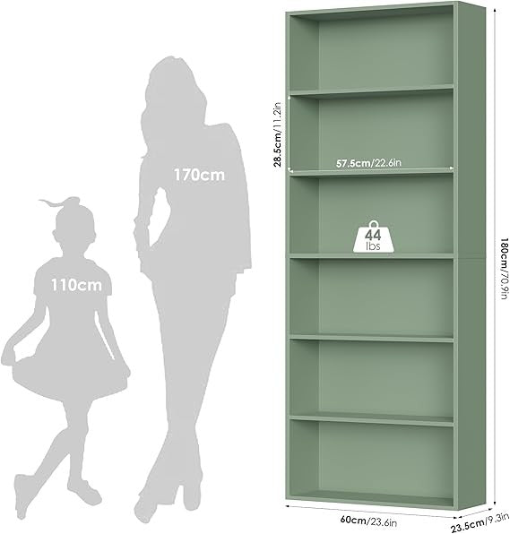 Tall 6-Tier Bookshelf Green Freestanding Storage Unit Open Display Shelf 60x23.5