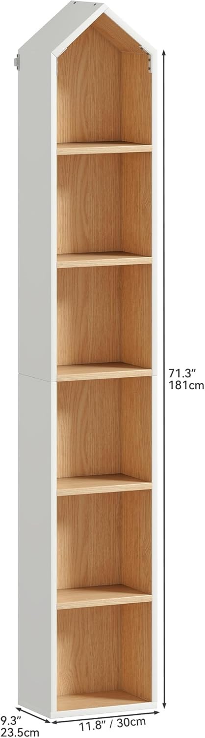 Tall Narrow House-Shaped 6-Tier Corner Bookshelf Space-Saving Display Unit White