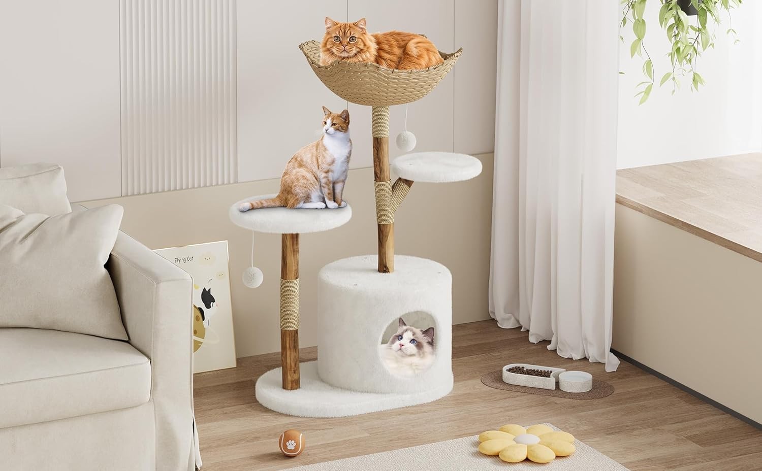 Large Cat Tree Tower 117cm With Basket Bed Condo Cave Scratching Post Indoor