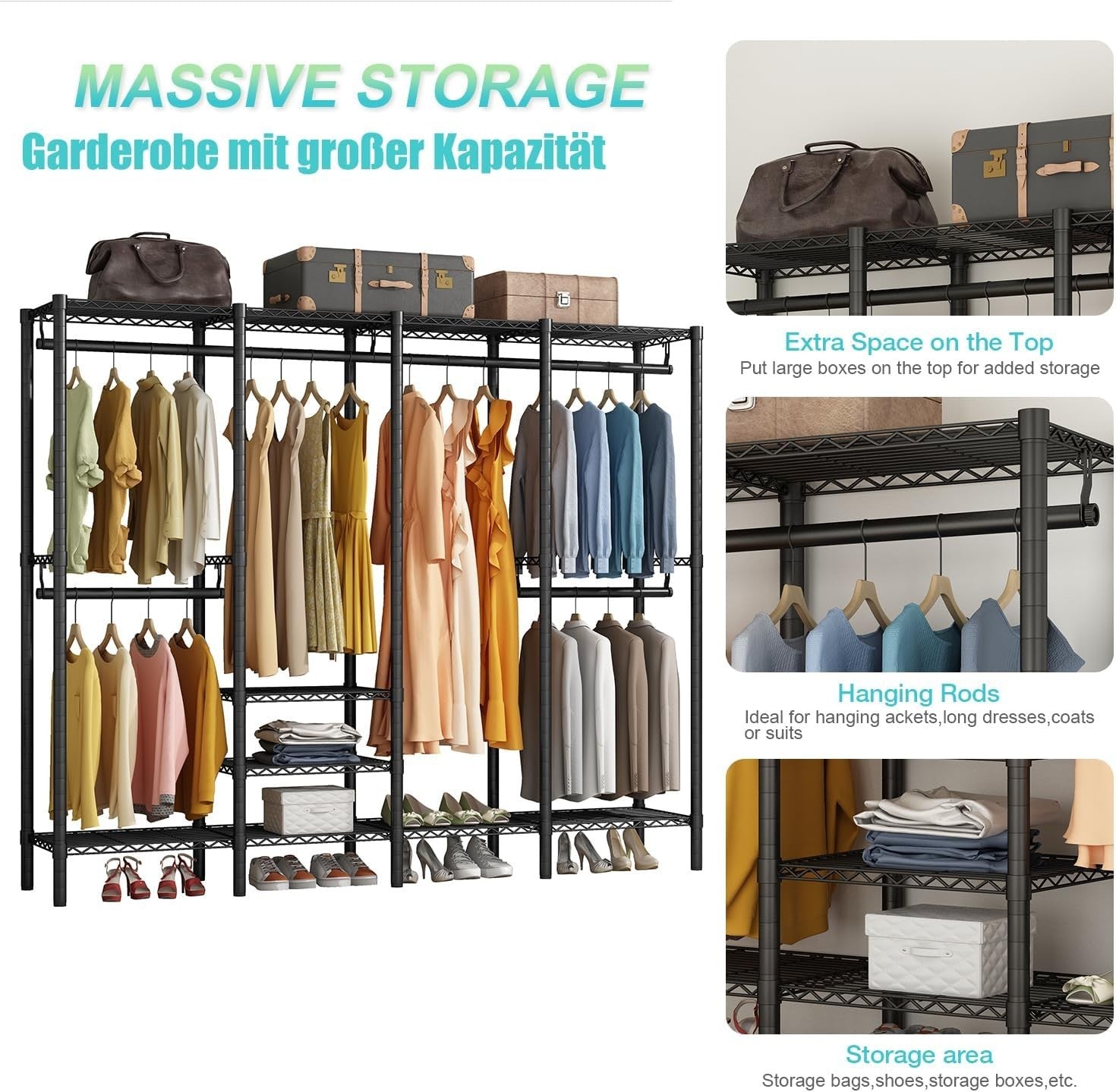 Heavy Duty Clothes Rail 4 Rod Adjustable Shelves Wardrobe Black