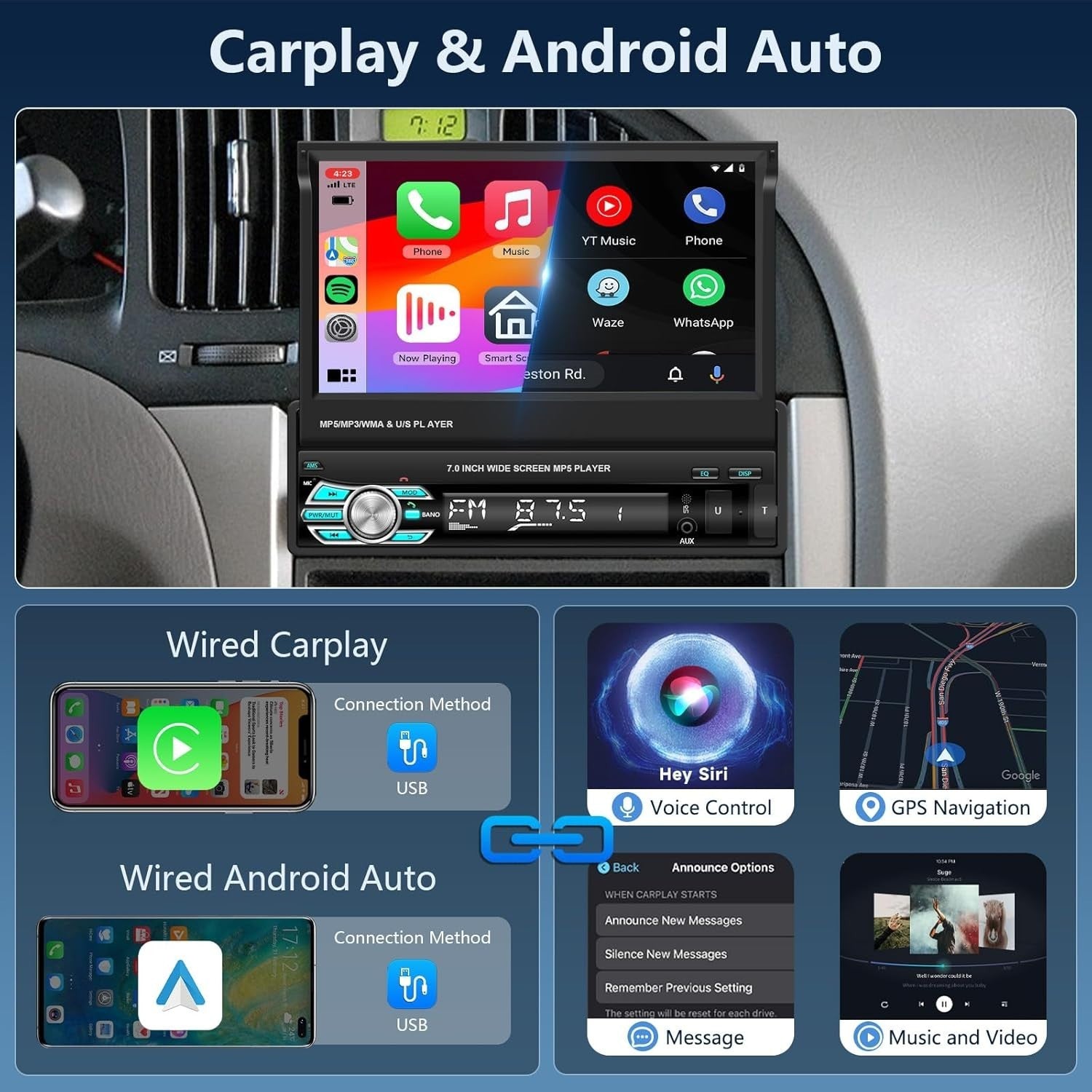 7" Single Din Car Stereo Wired CarPlay Android Auto Bluetooth FM
