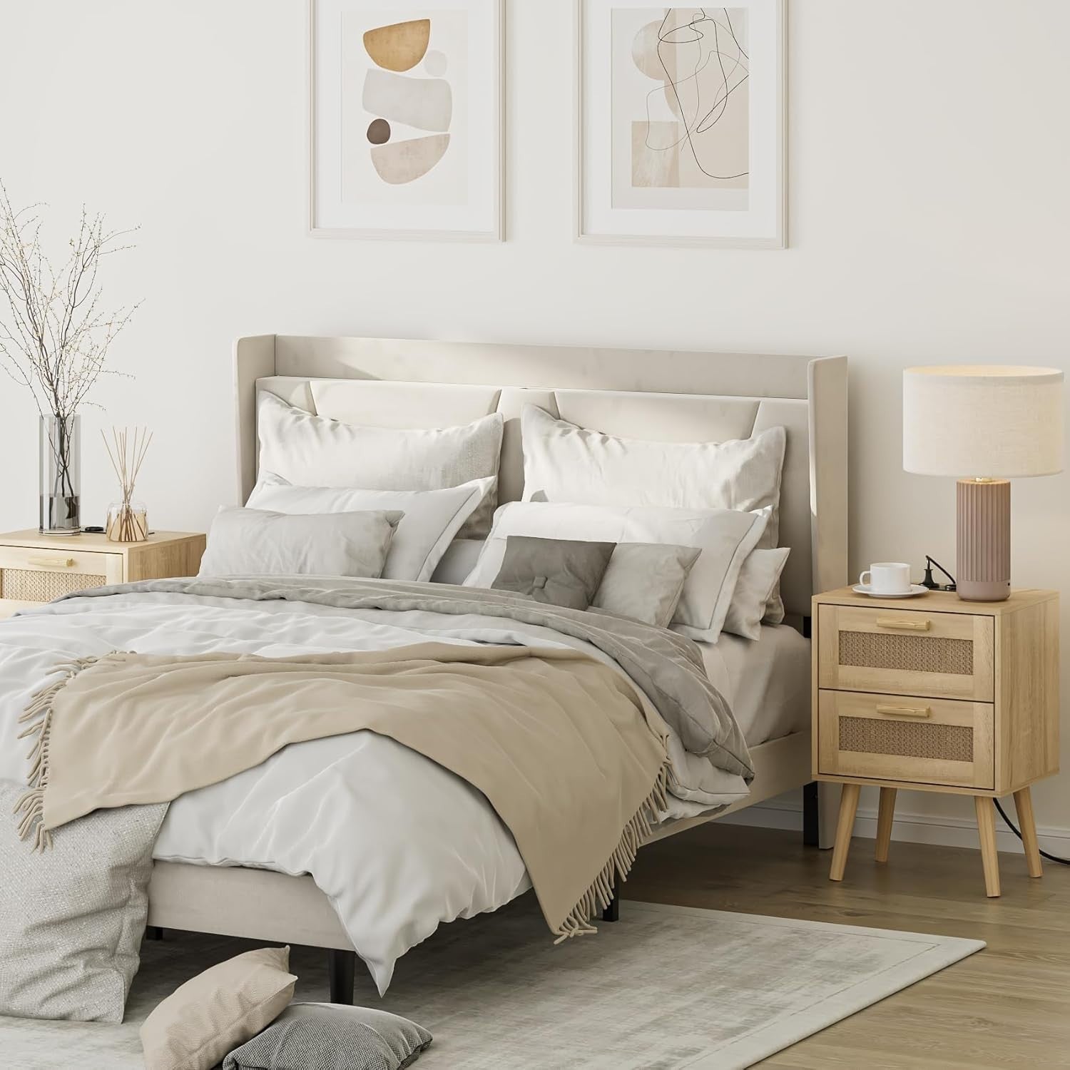 Rattan Bedside Table with 2 Drawers | Natural Wooden Nightstand for Bedroom