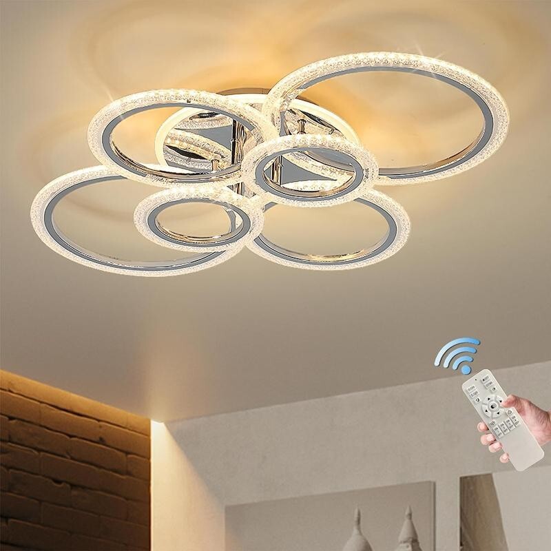 Modern LED 6 Ring Ceiling Light Chrome 76W Dimmable Flush Mount Remote