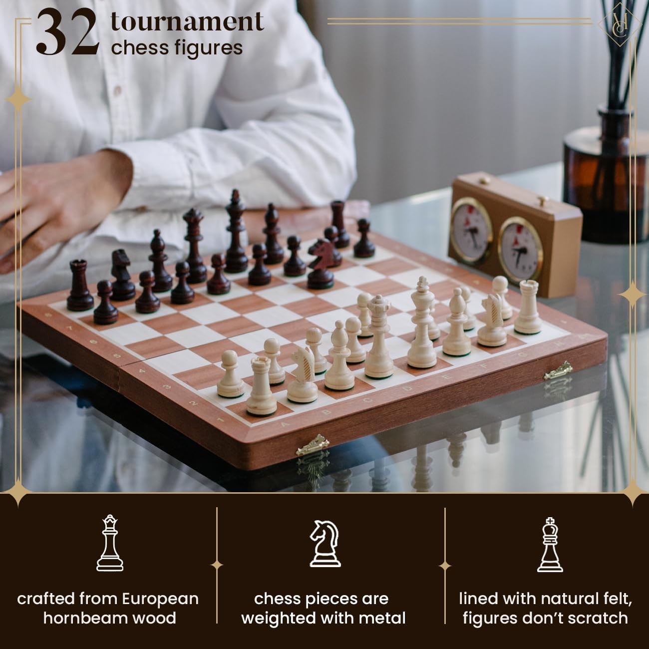 Tournament Wooden Chess Set 42cm Inlaid Foldable Board Staunton No.4 Pieces