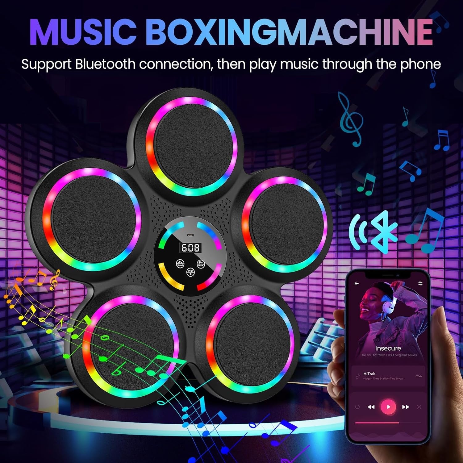 Music Boxing Machine LED Punch Trainer Bluetooth Wall Mounted Gloves Set