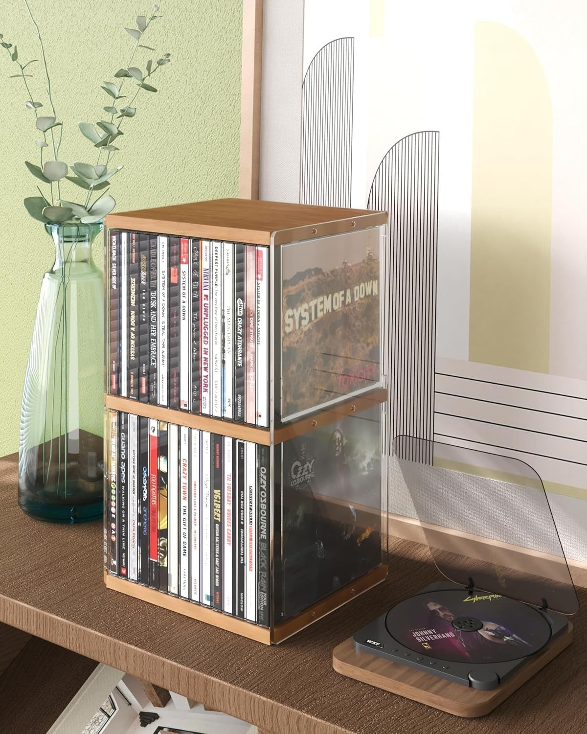 Retro Walnut CD Holder Rack 30 Disc Desktop Storage Shelf Organizer