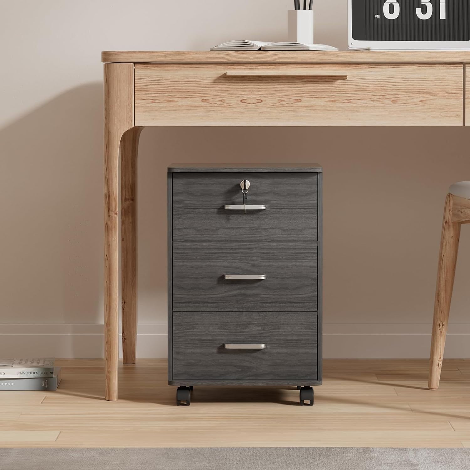 Mobile 3 Drawer File Cabinet Lockable Under Desk A4 Letter Grey