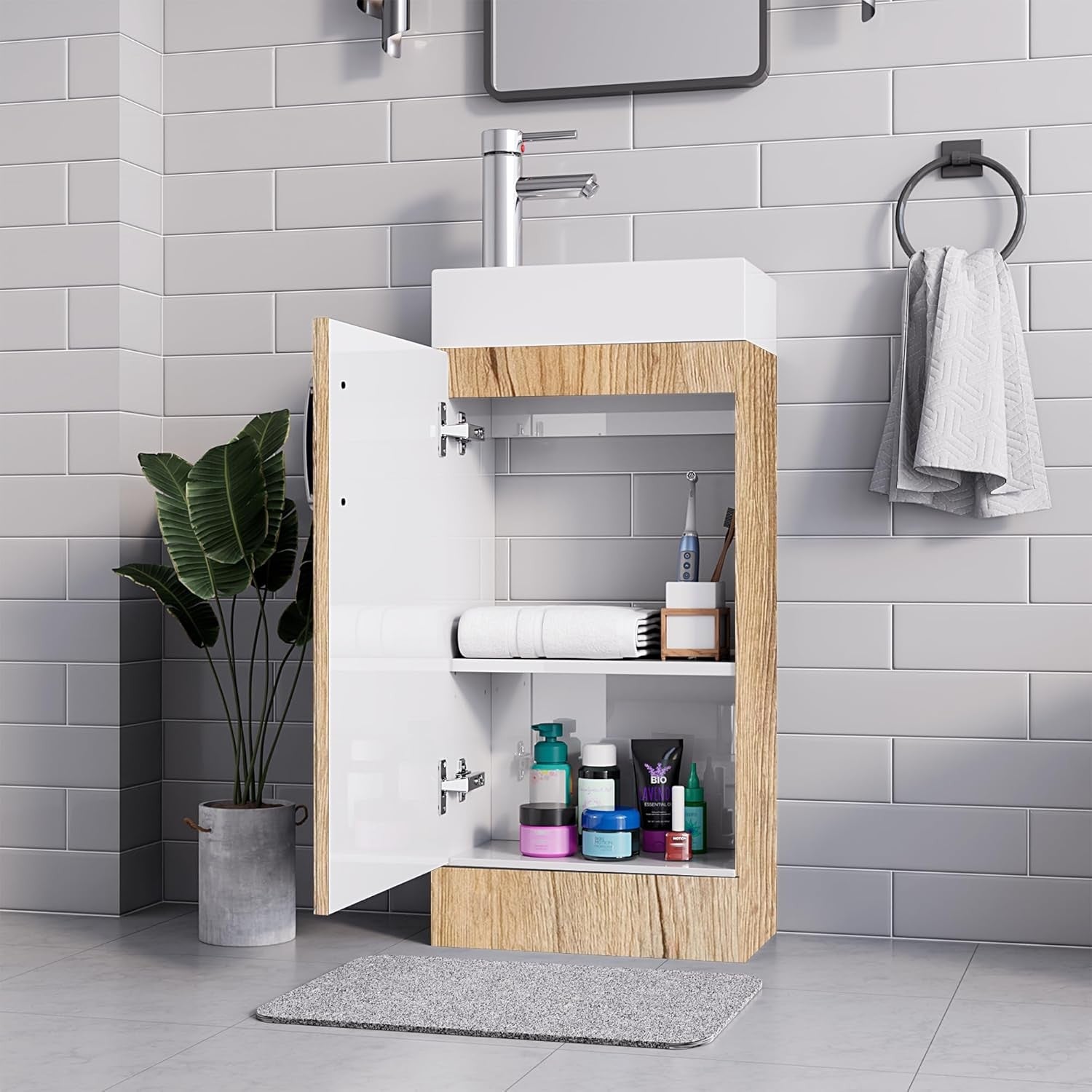 Wood Grain Vanity Unit with Basin Trap & Waste – 40cm Under Sink Storage Cabinet