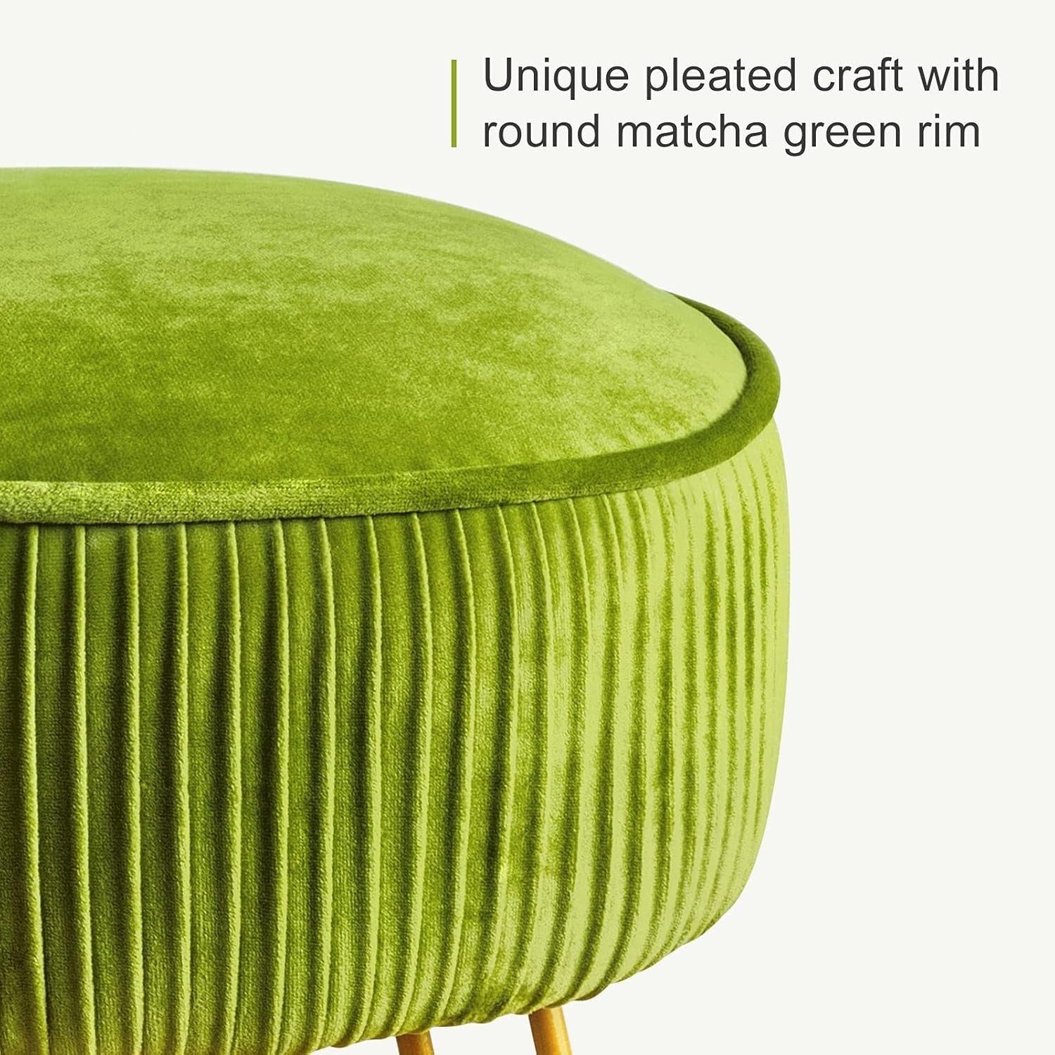 Matcha Green Pleated Velvet Vanity Stool Round Ottoman with Metal Legs