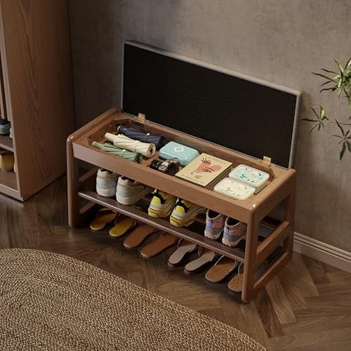2-Tier Small Shoe Bench with Flip-Top & Linen Cushion for Entryway