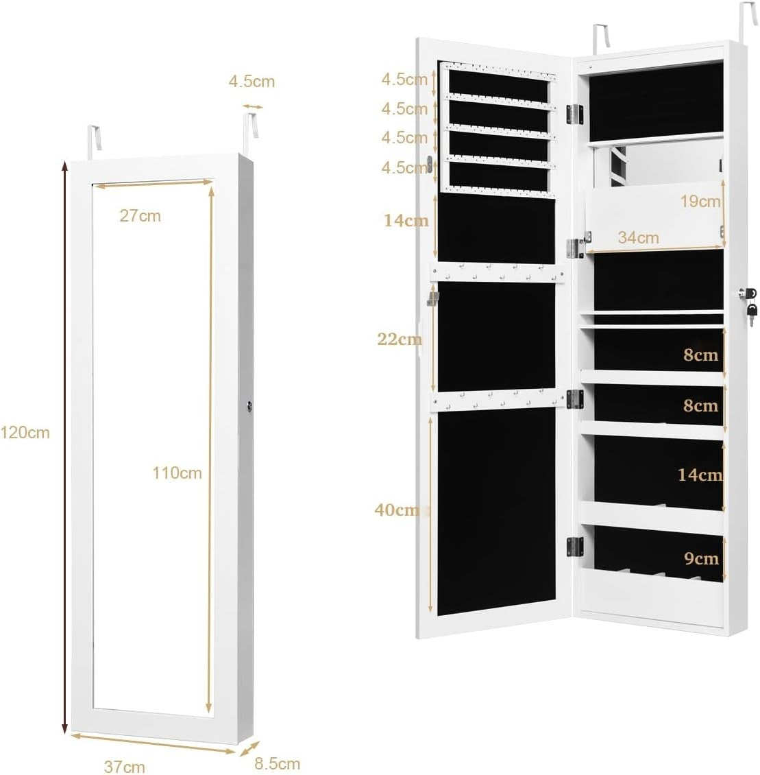 White LED Jewellery Cabinet Wall or Door Mounted Full Length Mirror
