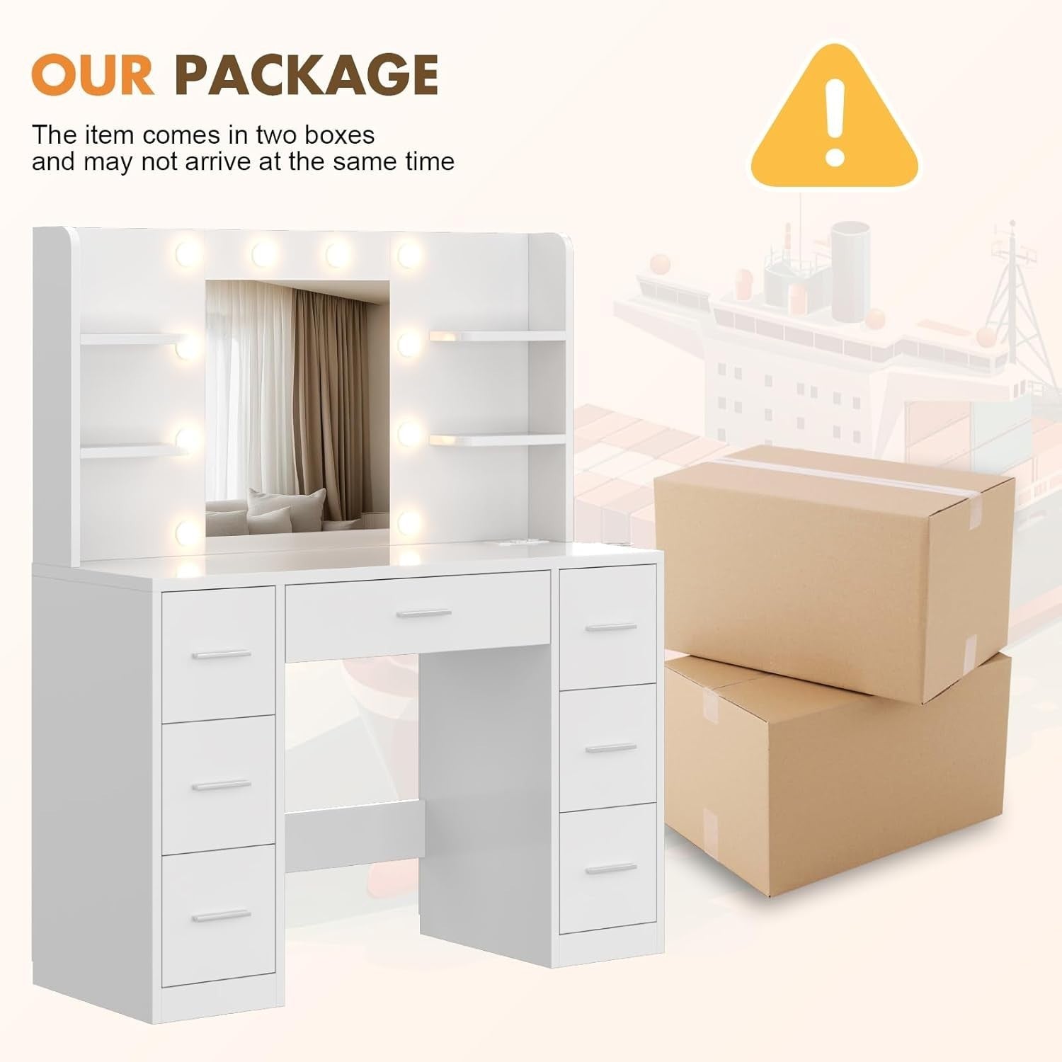 White Dressing Table Vanity Makeup Desk 7 Drawers LED Lights Mirror Power Outlet