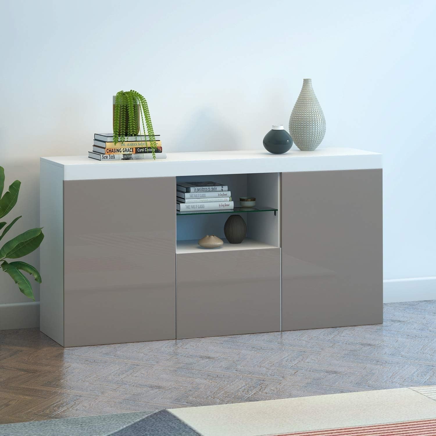 RGB LED TV Cabinet Grey Gloss Sideboard Unit 3 Door Storage 130cm Modern