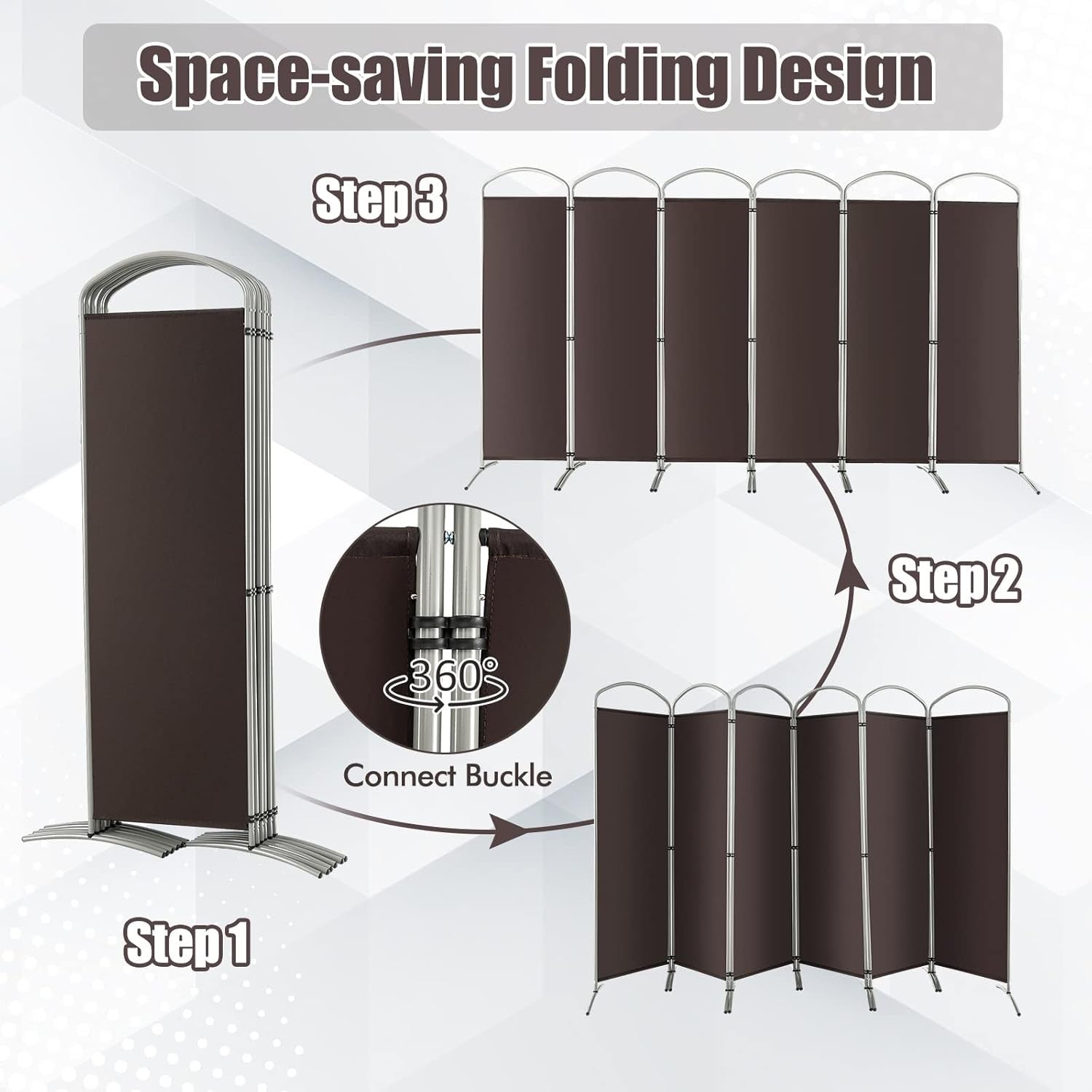 6 Panel Coffee Folding Room Divider Privacy Screen for Bedroom Office 188cm High