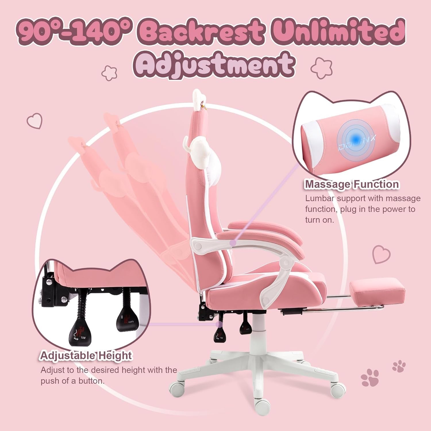 Cute Cat Ear Gaming Chair Massage Lumbar Footrest Pink 290lbs
