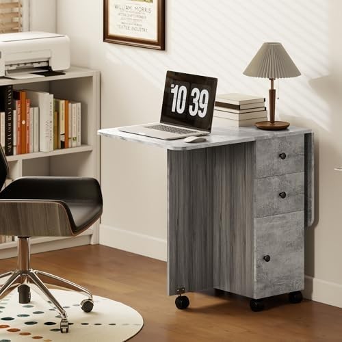 Folding Drop Leaf Dining Table on Wheels with Storage Drawers Cabinet Grey