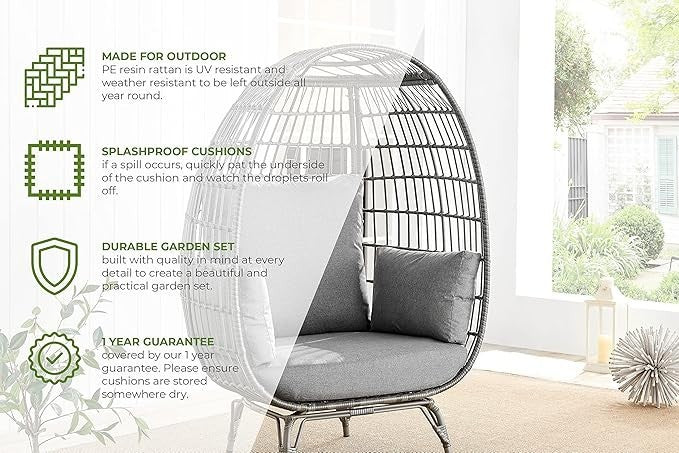 Luxury Grey Rattan Egg Chair Outdoor Indoor Seat w/ Thick Cushions Garden