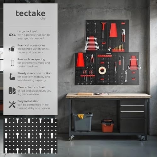 Wall-Mount Pegboard Kit 5PCS Alloy Steel Red w/ Hooks & Holders 120x60cm